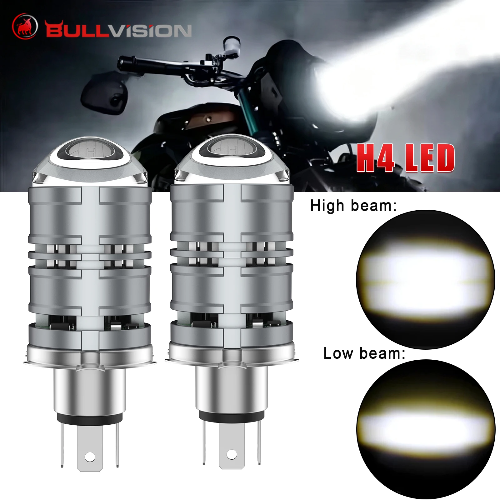 Bullvision 1x H4 9003 HB2 High Power LED Car Headlight Bulb Projector Lens 6000K Hi/Lo Beam Auto Lamps Plug & Play For Car/Motor