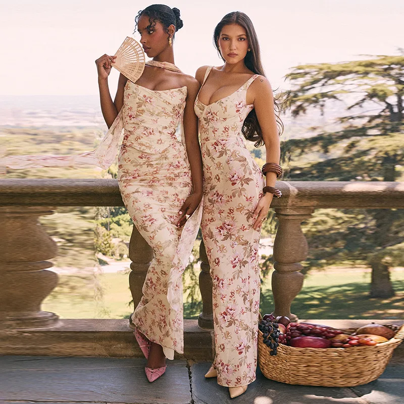 Doce elegante fino ajuste profundo decote em v vestido de impressão transfronteiriça novo estilo verão estilo campo atmosfera peito moldar vestido