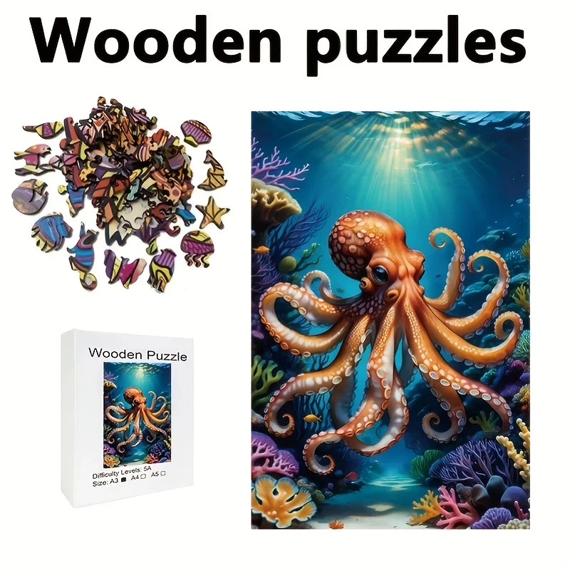 Anspruchsvolles Oktopus-Holzpuzzle – einzigartige unregelmäßige Formen, farbenfrohes Meeresleben-Design, Denkaufgabe für Erwachsene, Perf
