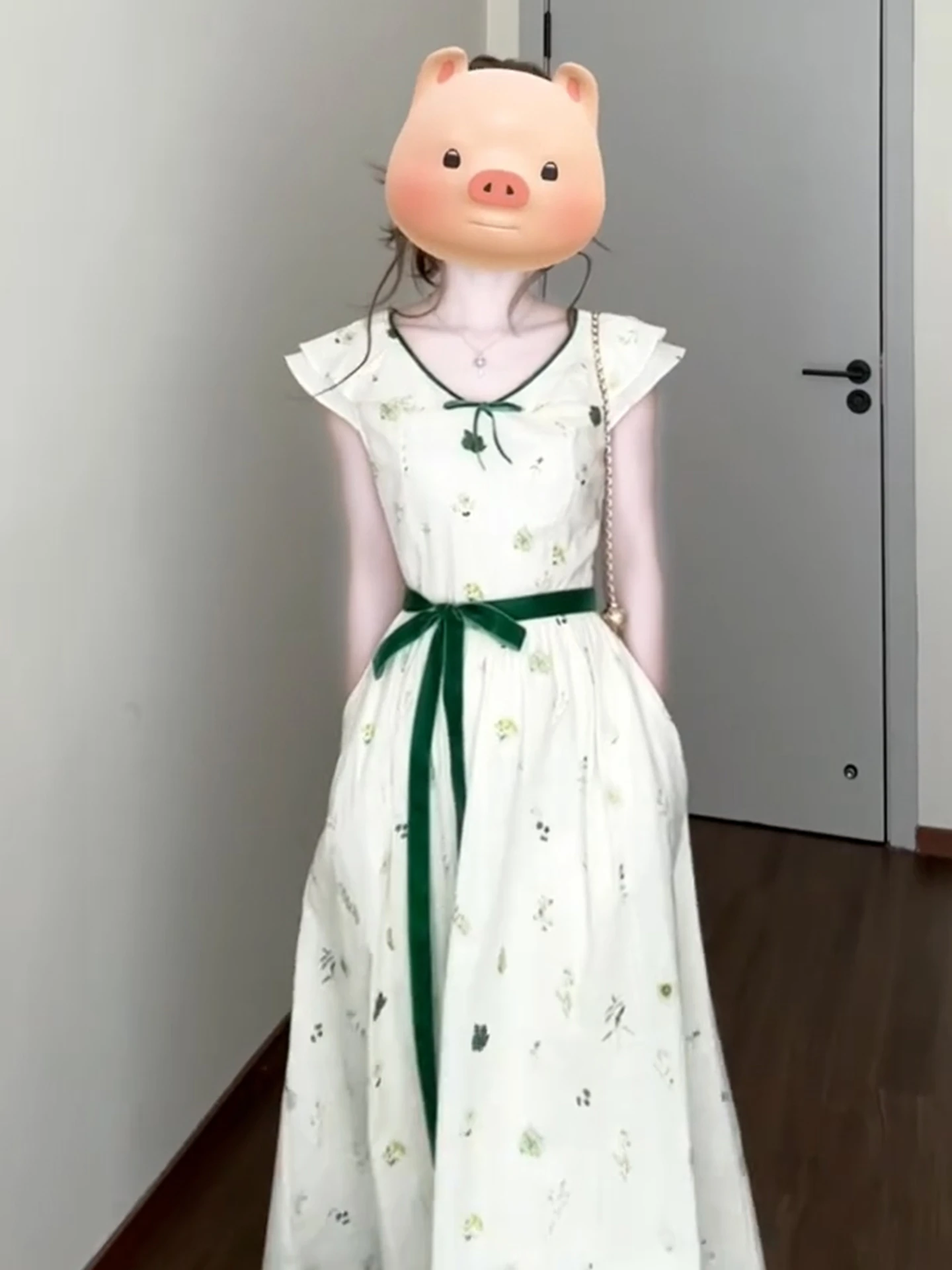 الرجعية الأبيض الأزهار الدكتور المرأة الصيف تصميم لطيف الخصر Cinching طويل الدكتور ألف خط تنورة V-Ne ort Sve عالية الخصر