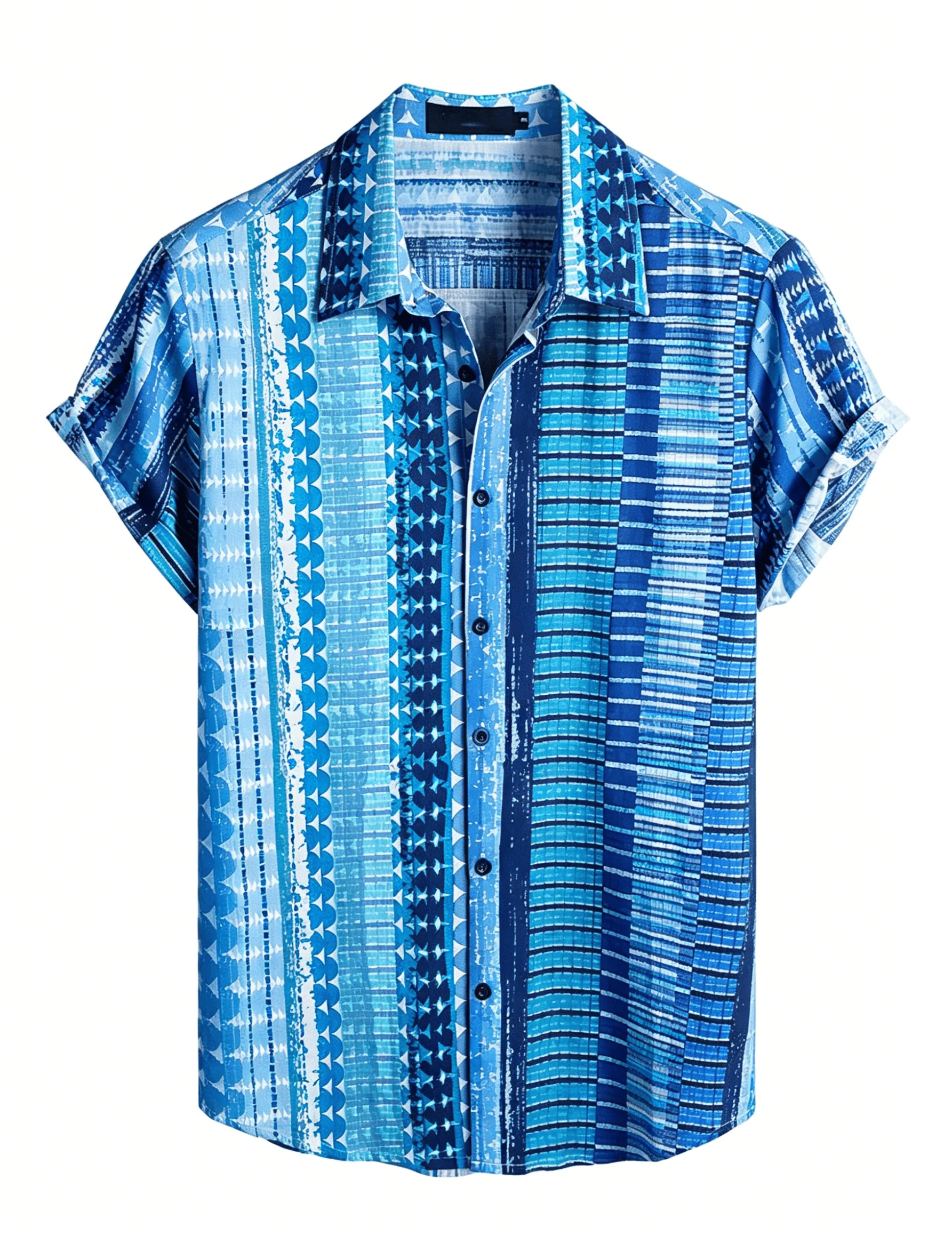 Men's Floral Stripe Print Short Sleeve Shirt, Ethnic Boho Vertical Pattern, Casual Hawaiian Button Down for Spring & Summer