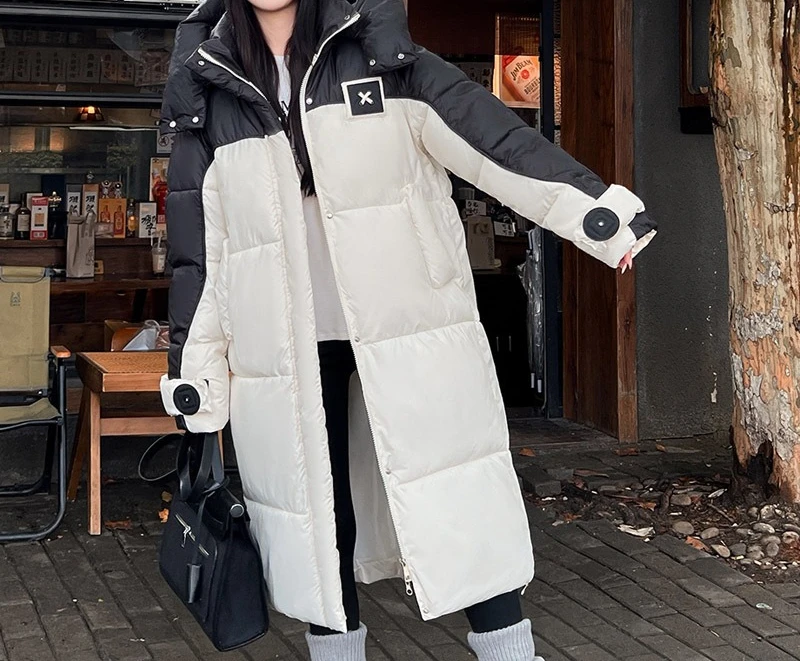 Large Size Long Over Knee Fashionable Cotton Jacket for Women, Contrasting Color Hooded Cotton Jacket for Women