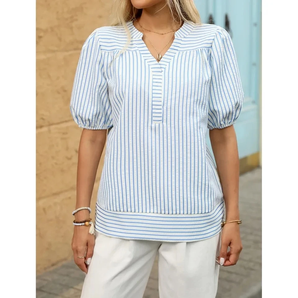 

2026 Fashion Striped Printed Puff Short Sleeve Women's Tops Summer Casual Loose Simple V-neck Female All-match Shirt