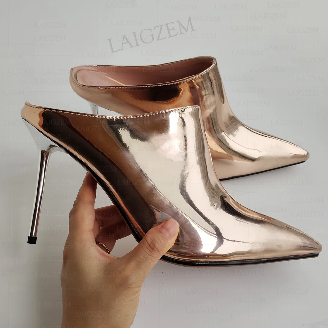 LAIGZEM Women Slides Slip on Silver 9.5CM Stiletto Heels Mules Party Sandalia Zapatos Shoes Woman Ladies Large Size 33 41 44 46