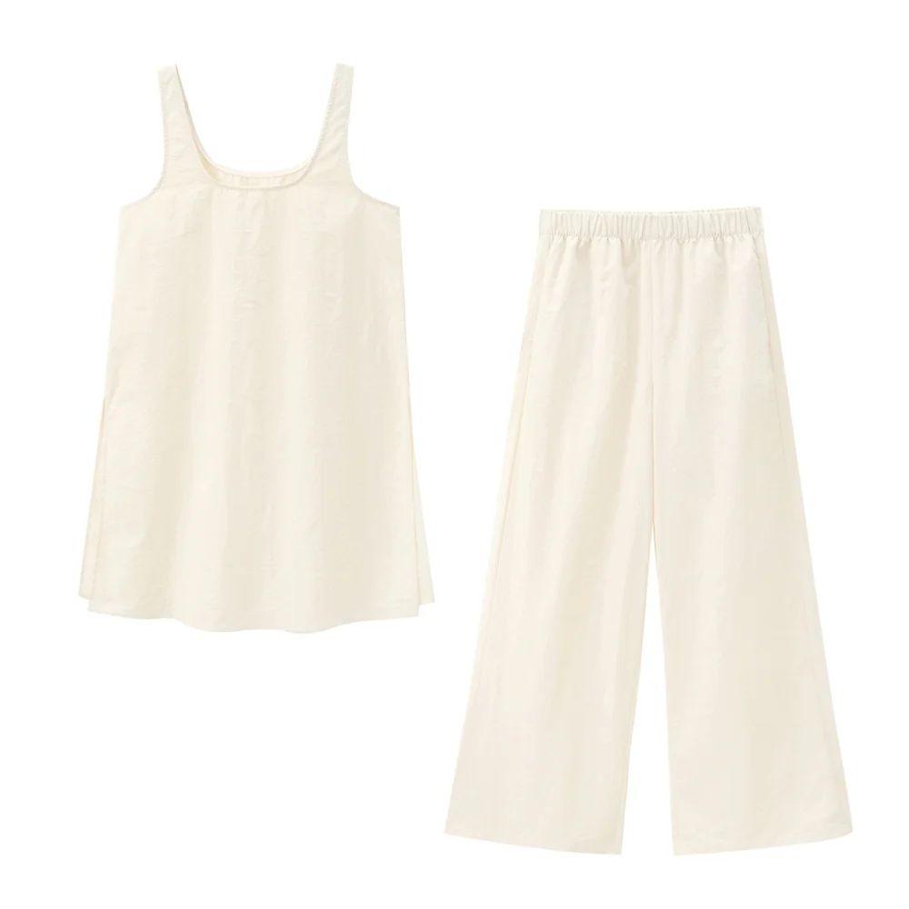 

BMURHMZA Autumn New Product Women's Sleeveless Shoulder Strap Square Neck T-shirt Top Elastic Mid Waist Wide Leg Pants Set