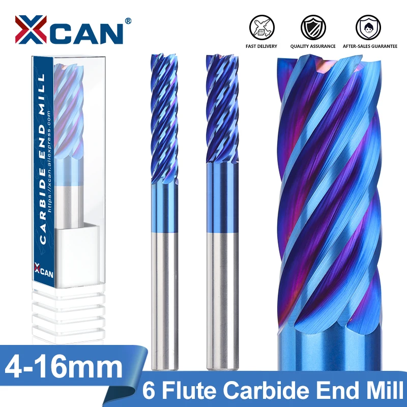 XCAN Milling Bit 6 Flute End Mill 6/8/10/12mm CNC Router Bit Nano Blue Coating HRC65 CNC Machine Milling Cutter