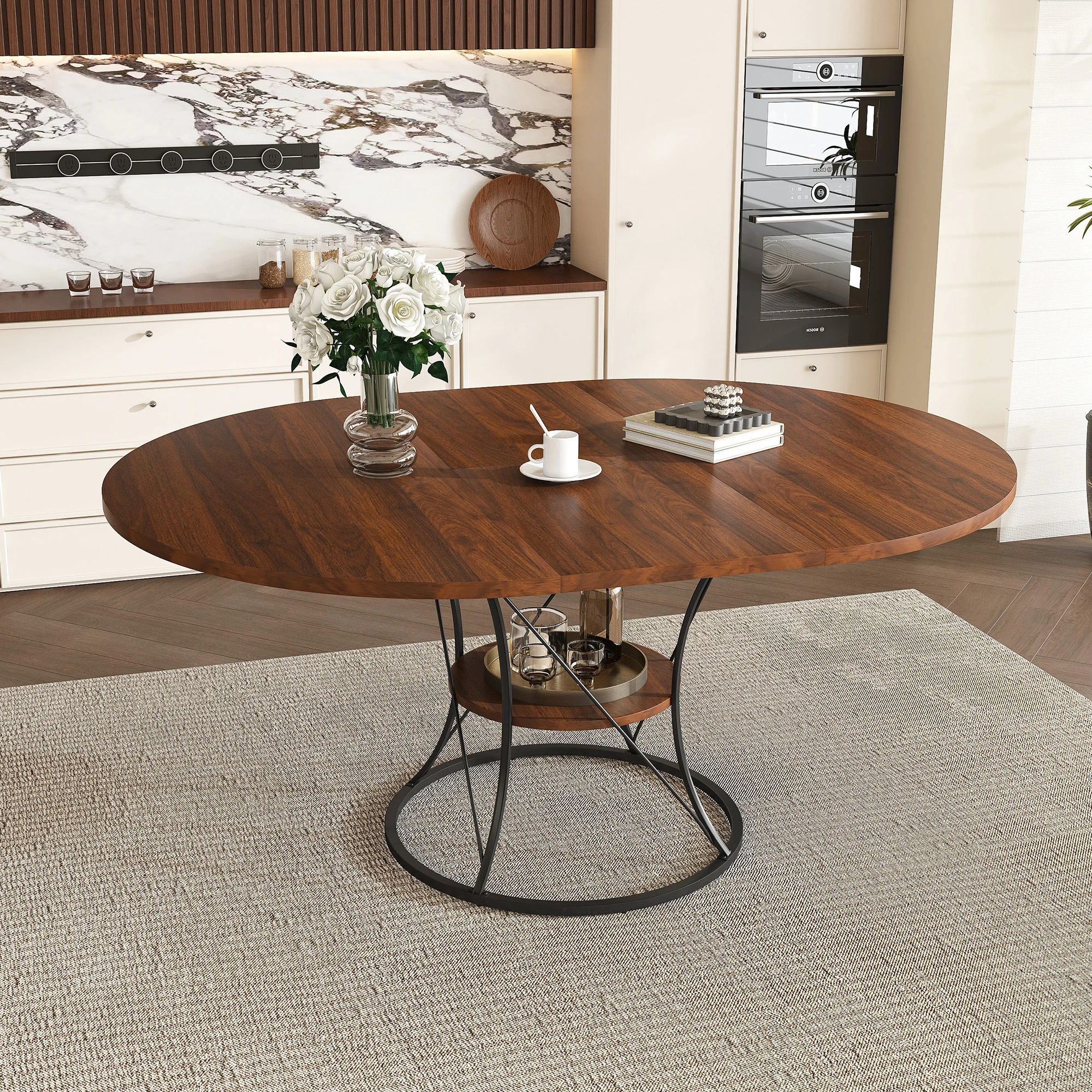 *Round Dining Table for 4-6, Expandable Farmhouse Kitchen Table with Storage Shelf & Metal Base, Large Round Table for Home