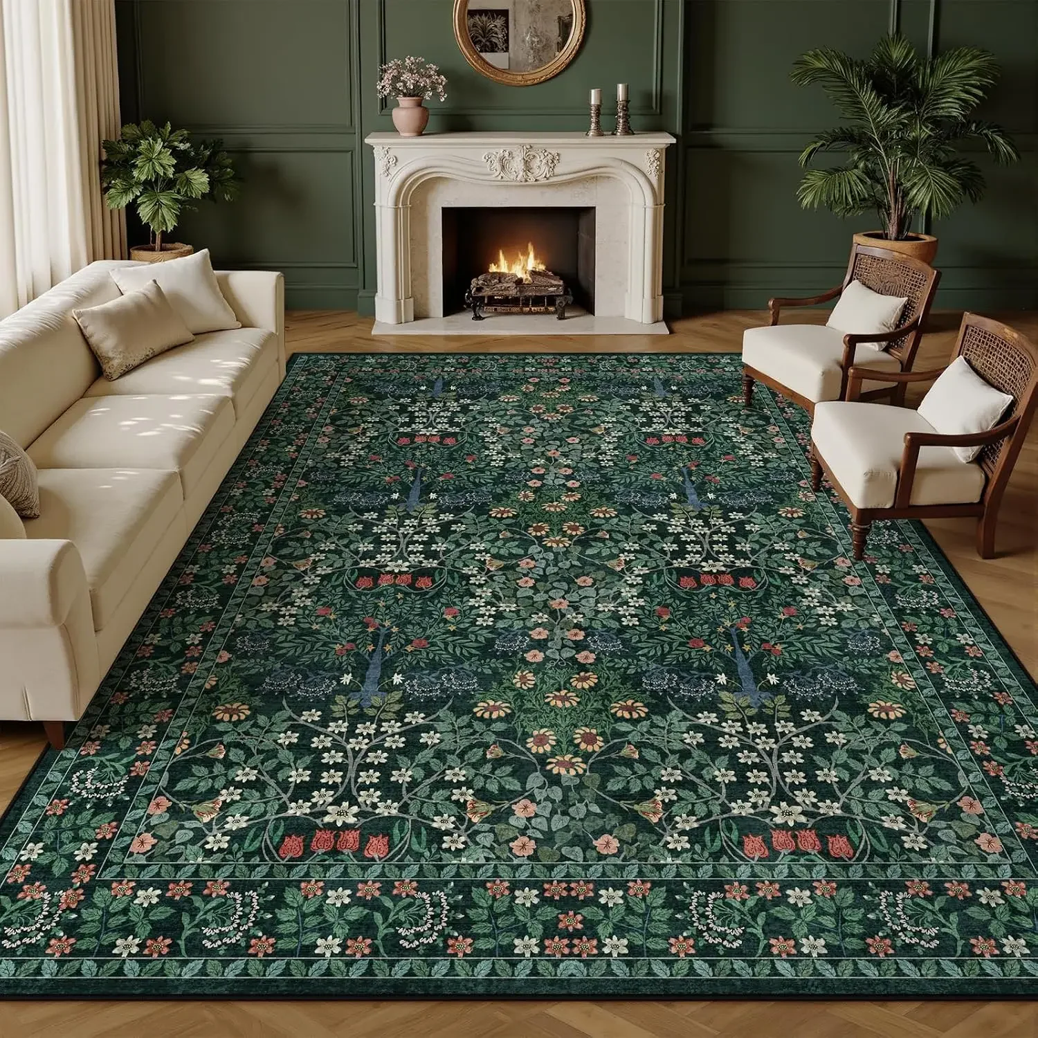 Extra Large 9x12 Dark Green Floral Vintage Area Rug Washable Low Pile Non Slip Stain Resistant Carpet for Living Room Bedroom