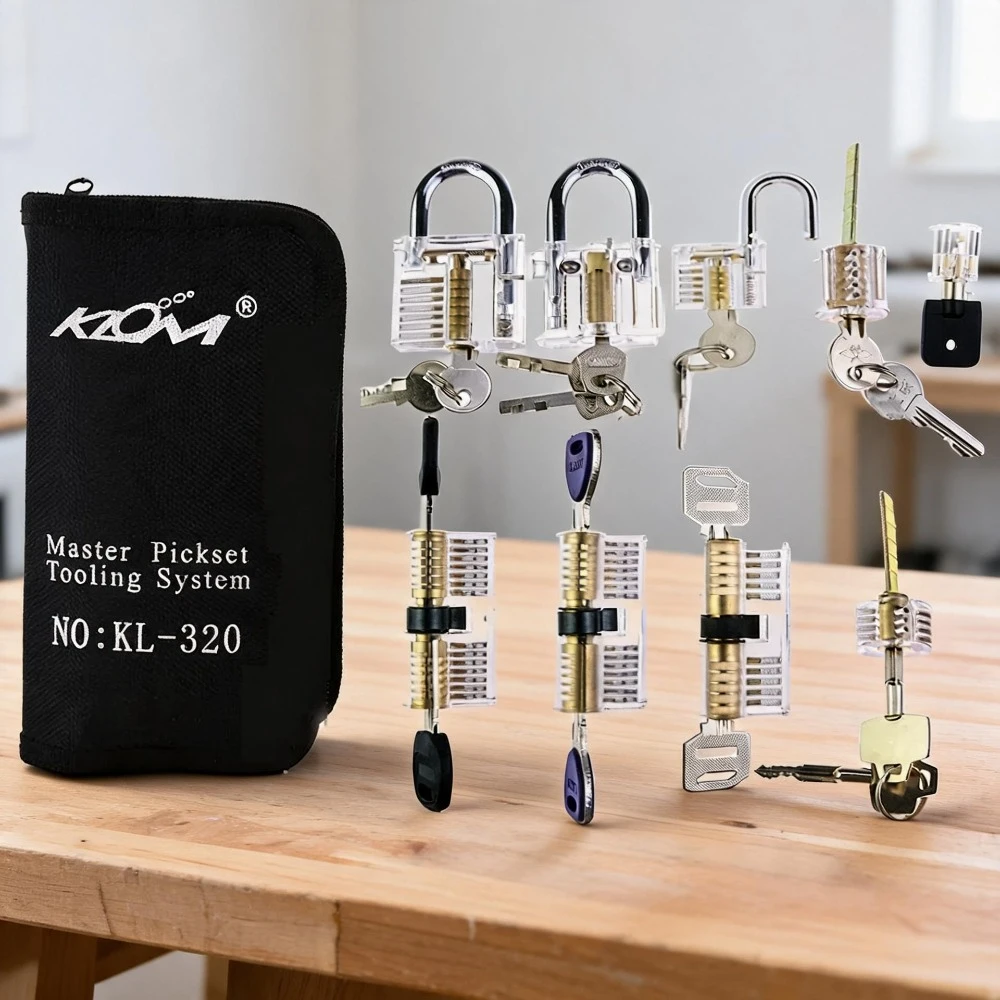 Klom 32pcs Lock Pickset Tools Remove Hand Tools with 9pcs Transparent Practice Lock Opener Kit,Professional Locksmith Training