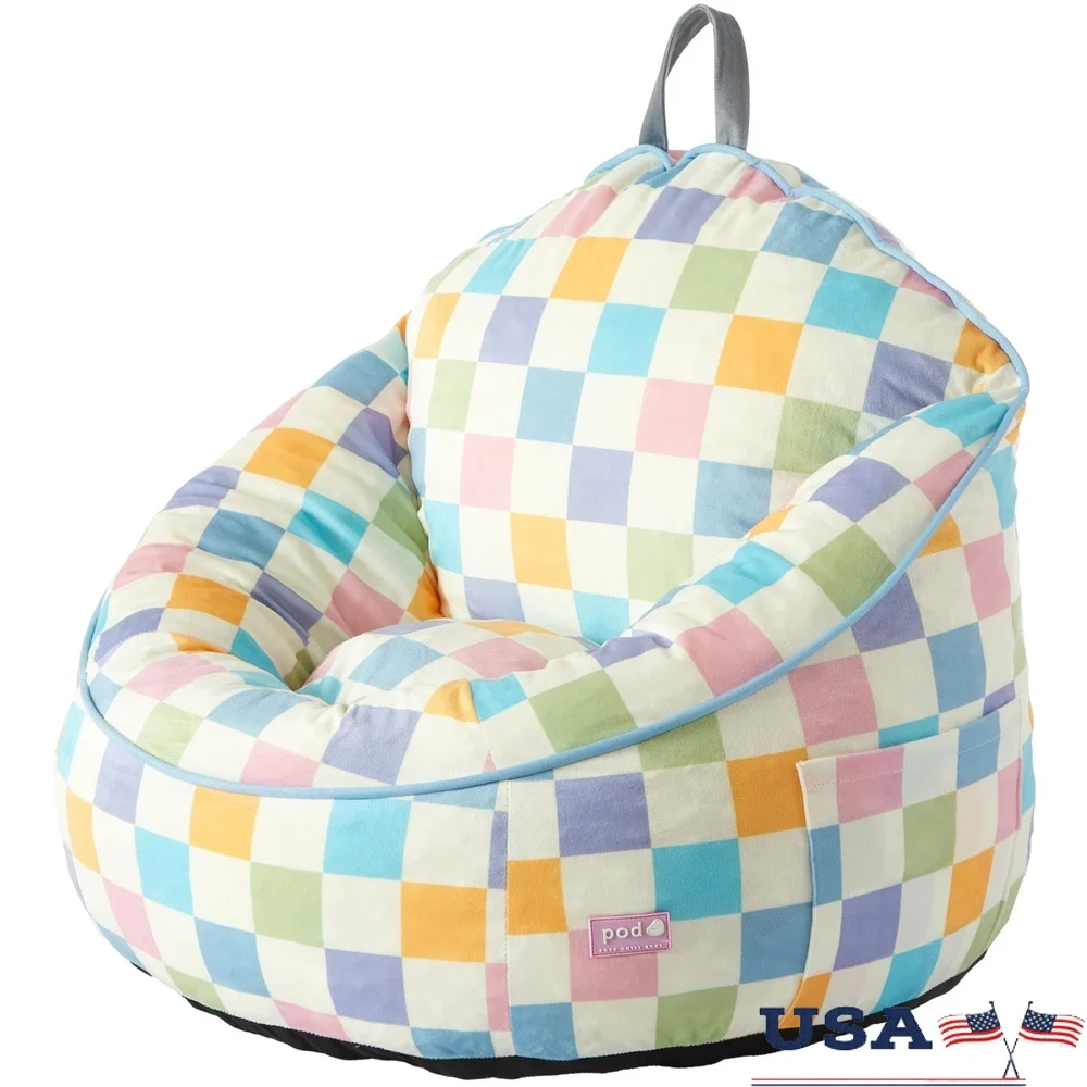 

Kids Compressed Foam Bean Bag Chair Rainbow Checkerboard Micromink Upholstery Portable Storage Side Pocket Cozy Seating Playtime