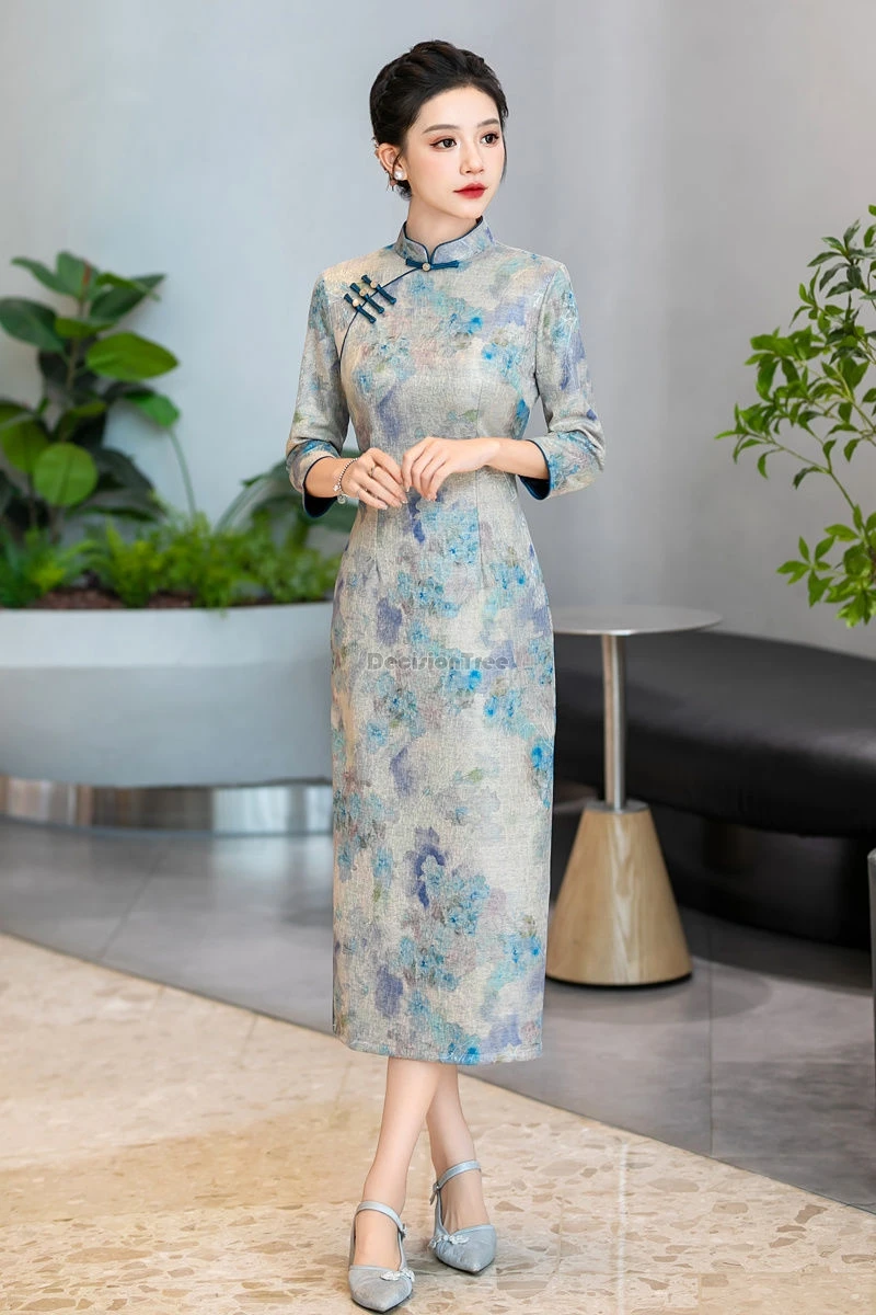 

2025 chinese retrto national style jacquard cotton linen cheongsam elegant slimming stand collar half sleeve printed qipao dress