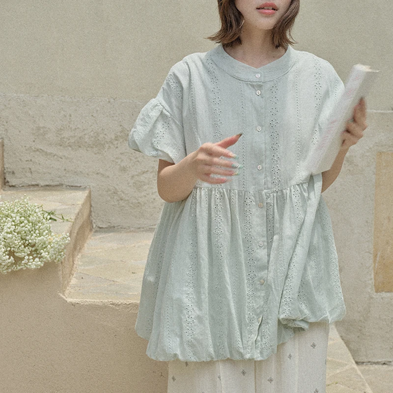 

2025 New Arrival Summer Women Loose Fit O-neck Short Sleeve Hollow Out Devise Blouse Casual Single Breasted Cotton Shirts T196