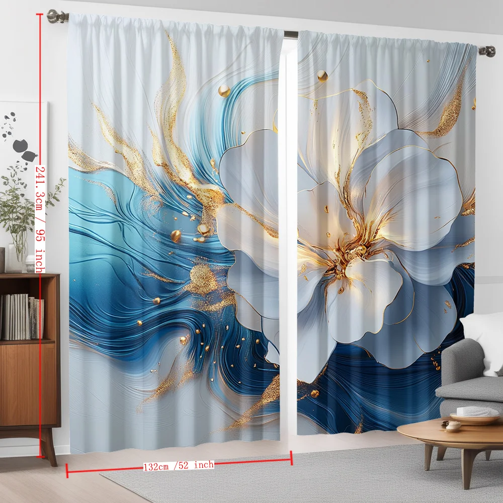 2pc Navy blue and white floral patterned curtains, made of polyester, machine washable, suitable for bedrooms and living rooms.