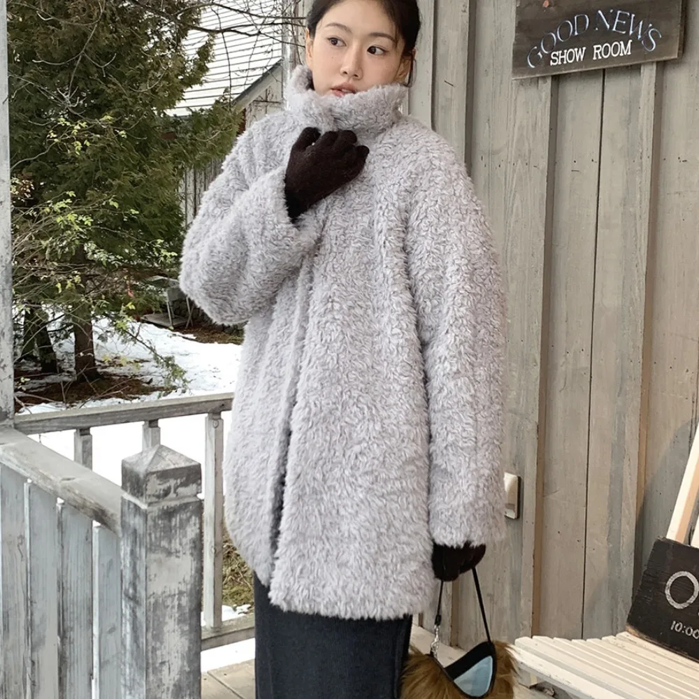 

Women's Chic Long Sve Coat Winter New Design Simple Personali Loose Collar Warm Fur Outerwear Korean Sle Commute Sle