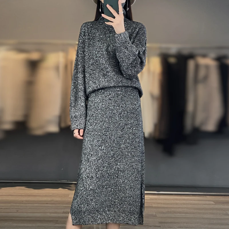 Cashmere Turtleneck Sweater and Skirt Suit, Floral Yarn Knitted Long Skirt, 2-Piece Suit, 100%