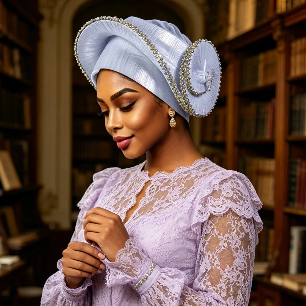 Luxury Rhinestone African Headtie Cap Women Head Wraps Nigerian Wedding Auto Gele Party Headgear Headpiece Headwear Hijab Hat
