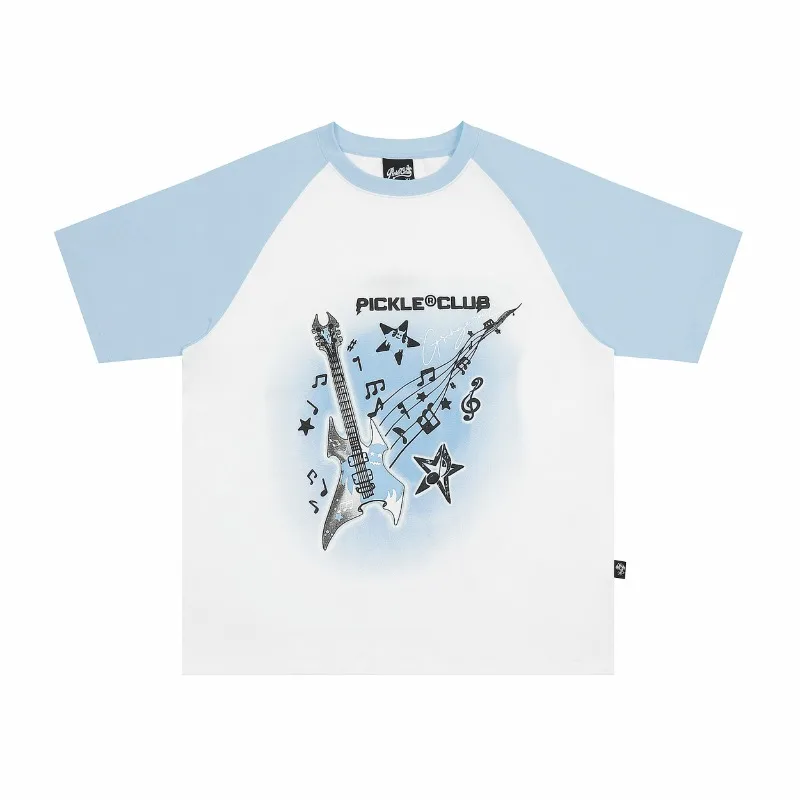 

Print Short Sleeve T-shirt White Blue Men's Women's Summer 2024 Vintage Top American Retro Loose Patchwork Casual New Tees