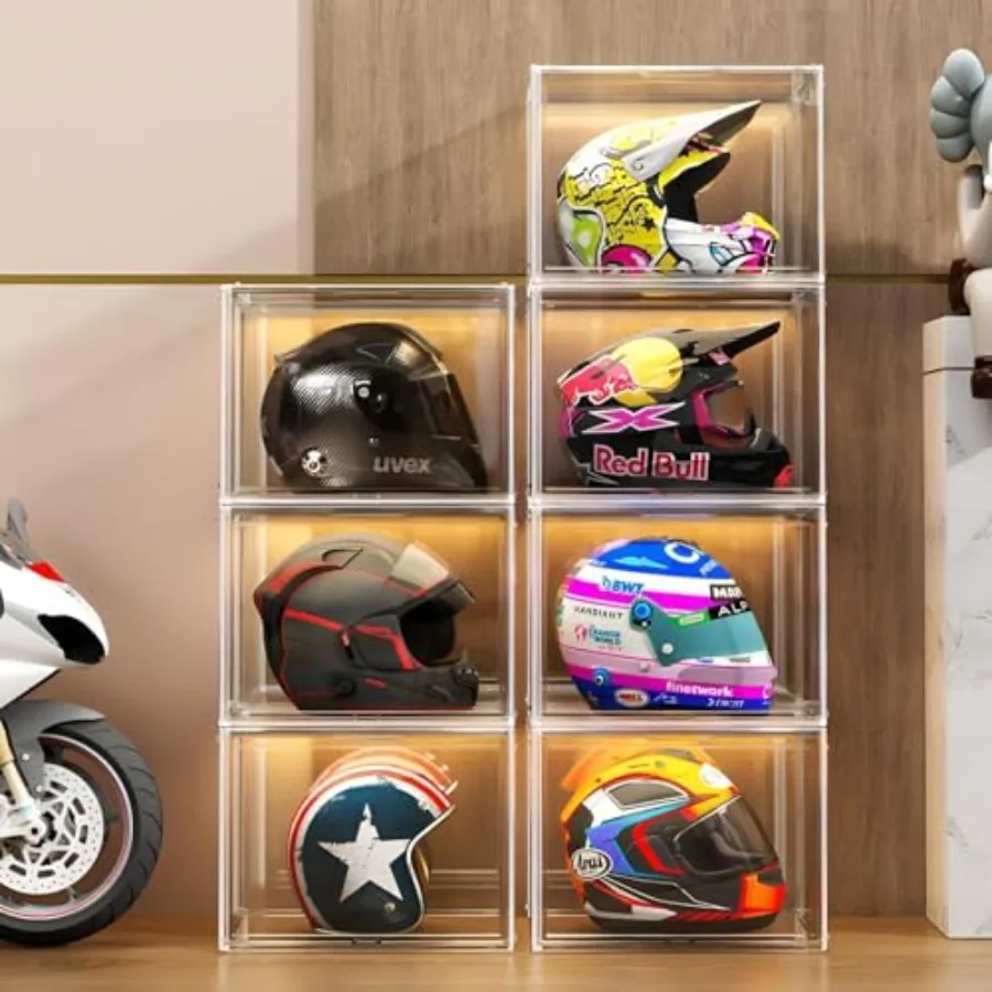 

arge Cear Stackabe Acryic Storage Bins with Door Dustproof Figure Coectibes Dispay Case Footba and Motorcyce Hemet Showcase Bas