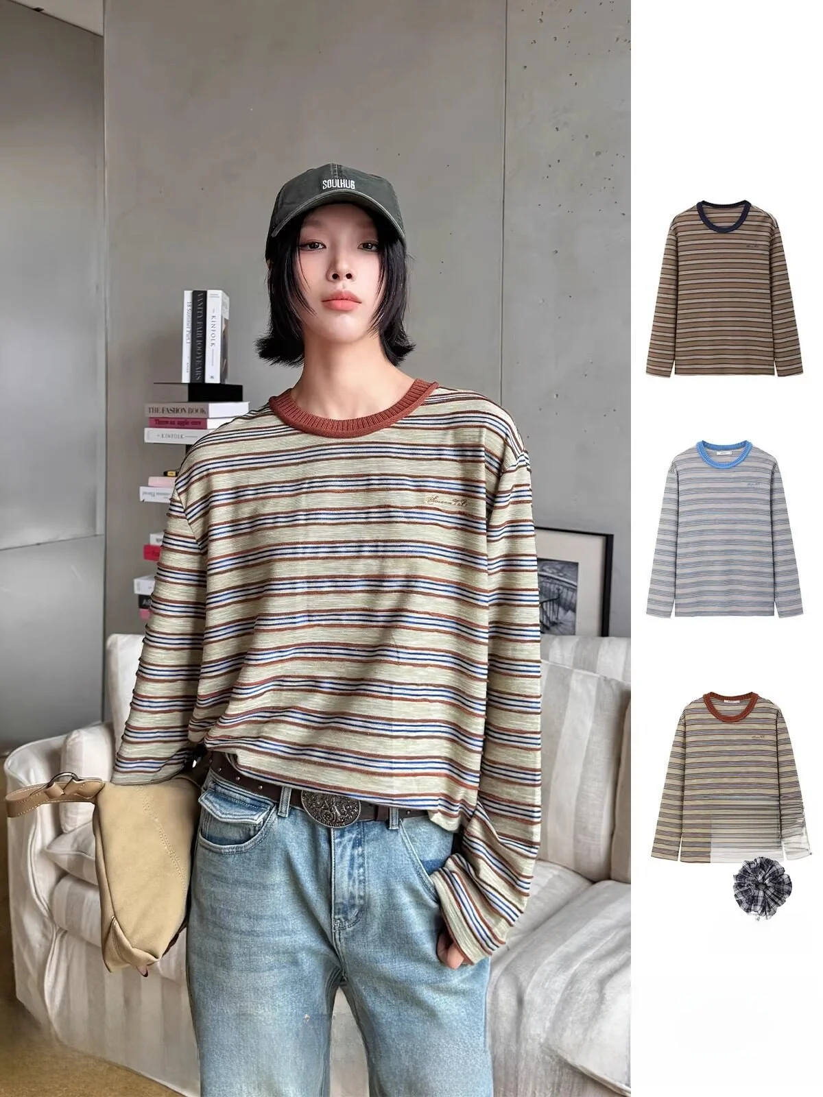 

AVVENN Длинная полосатая футболка с цветовыми блоками, повседневная, свободного кроя, женская, модная, весна 2025, DEARSOCUTE Handpied Store