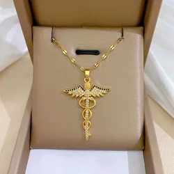 Stailess Steel CZ Angle Wings Necklace Snake Ouroboros Magic Wand Caduceus Asclepius Necklaces Emergency Medical Movies Jewelry