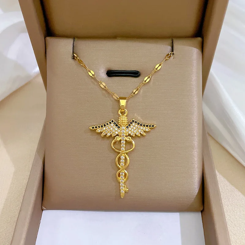 Naszyjnik ze stali nierdzewnej CZ Angle Wings Wąż Ouroboros Magiczna różdżka Caduceus Asclepius Naszyjniki Filmy medyczne Biżuteria
