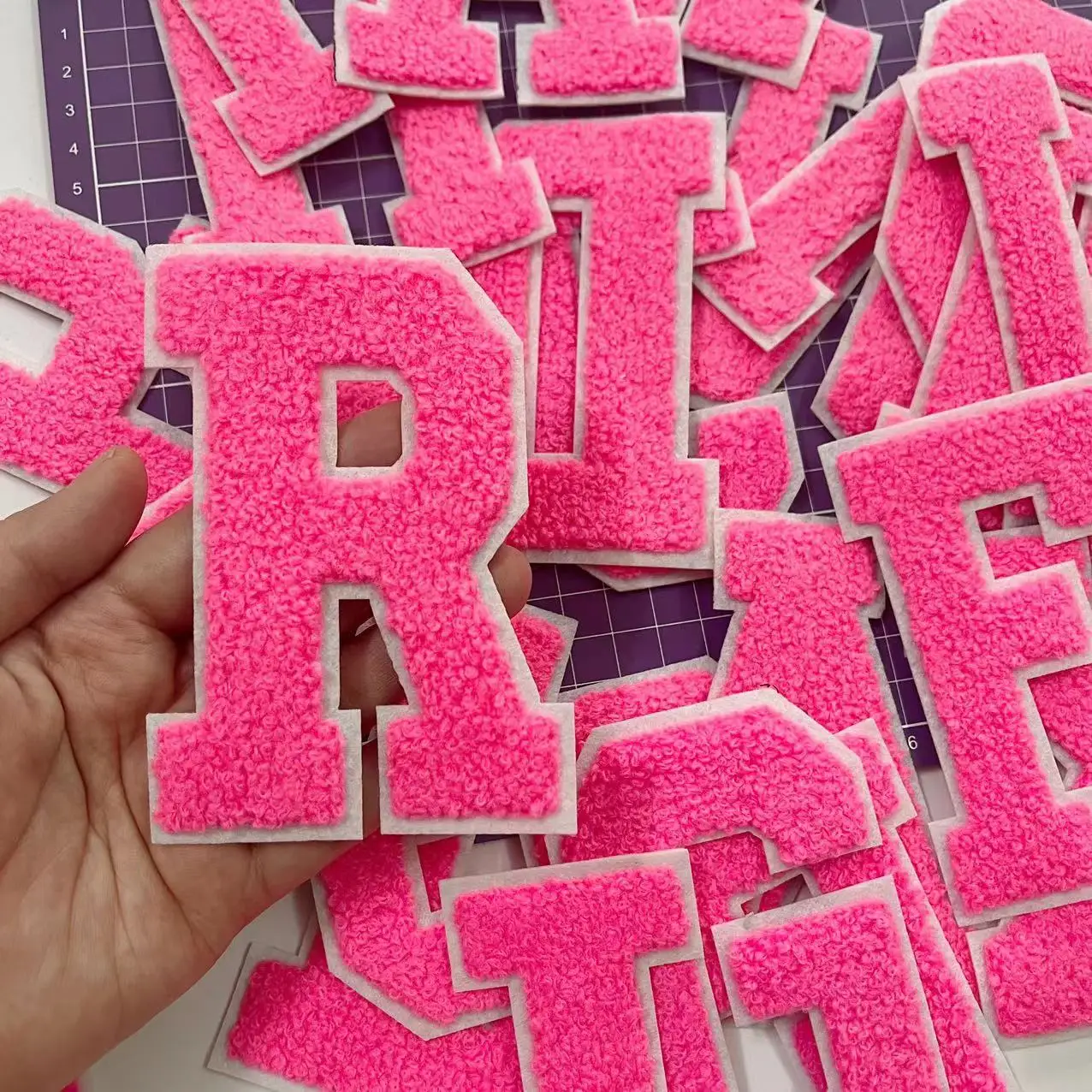 Large Rose Pink Letters Chenille Embroidered Iron On Patch Applique Diy Badge Alphabet Patches For Clothing Bag Accessories