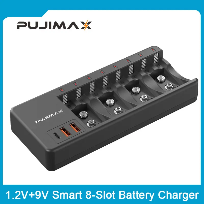 

PUJIMAX 8-Slot Fast Smart AA AAA Charger Intelligent 9V Battery Charger 1.2V AA AAA NI-MH NI-CD Rechargeable Battery AC Charger