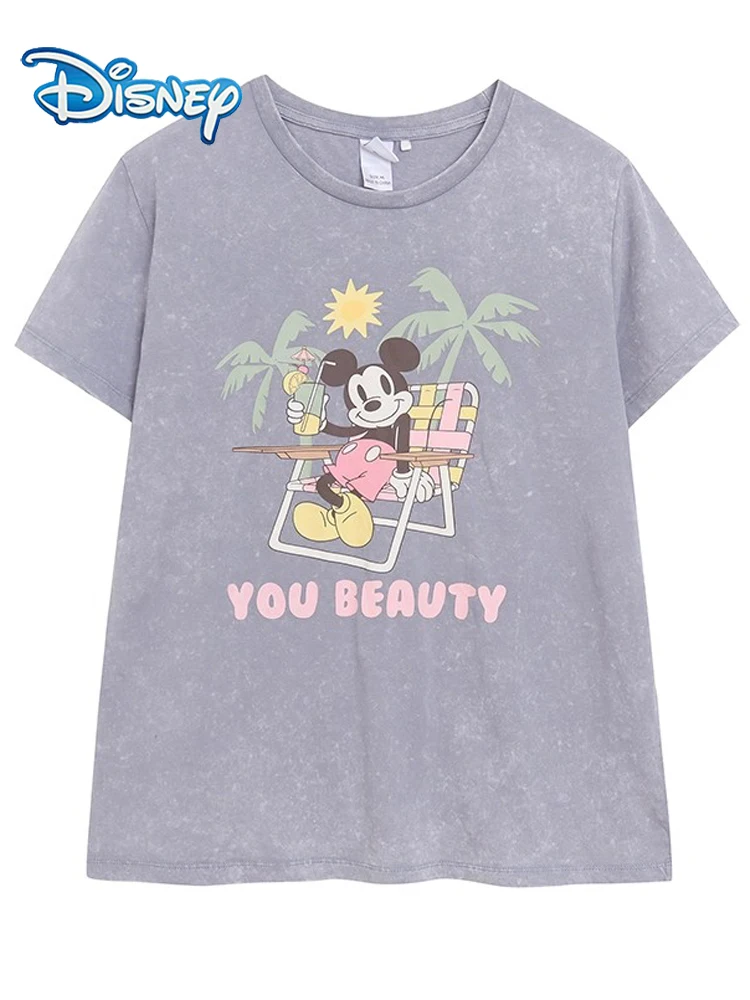 

Футболка с принтом Disney с Микки Маусом и Гавайским мультяшным принтом, повседневная женская футболка с короткими рукавами и круглым вырезом, футболки с потертостями, уличная одежда