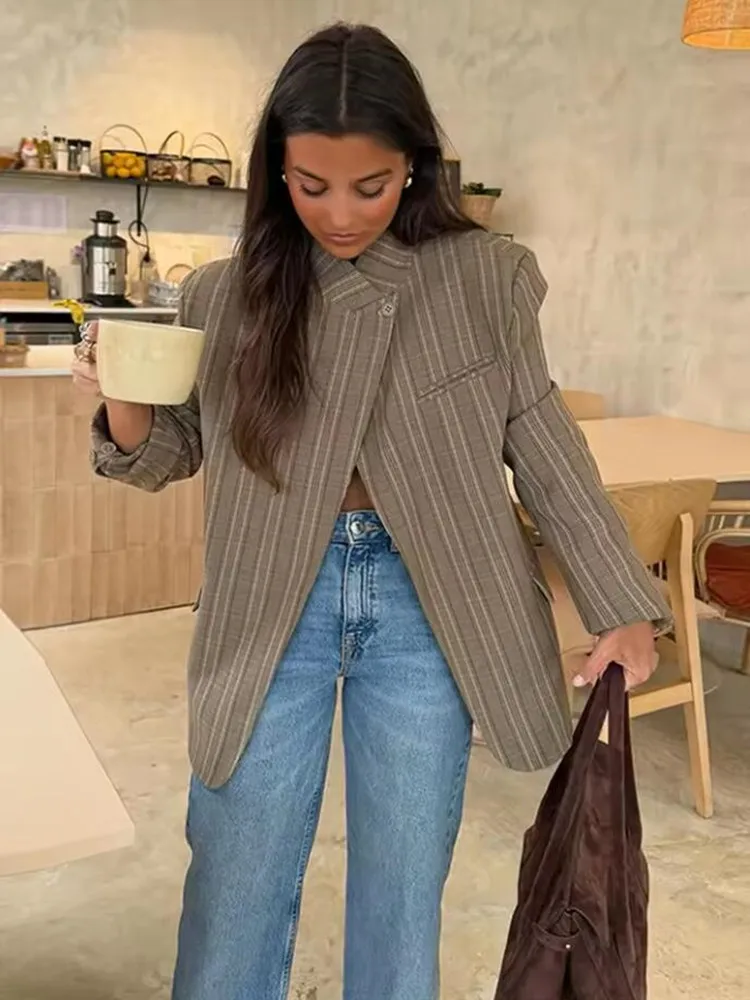 Modische Damen Stehkragen Langarm Einreihiger Karo-Blazer Mantel 2026 Herbst Neu Schick Lässig Pendler Damenjacke