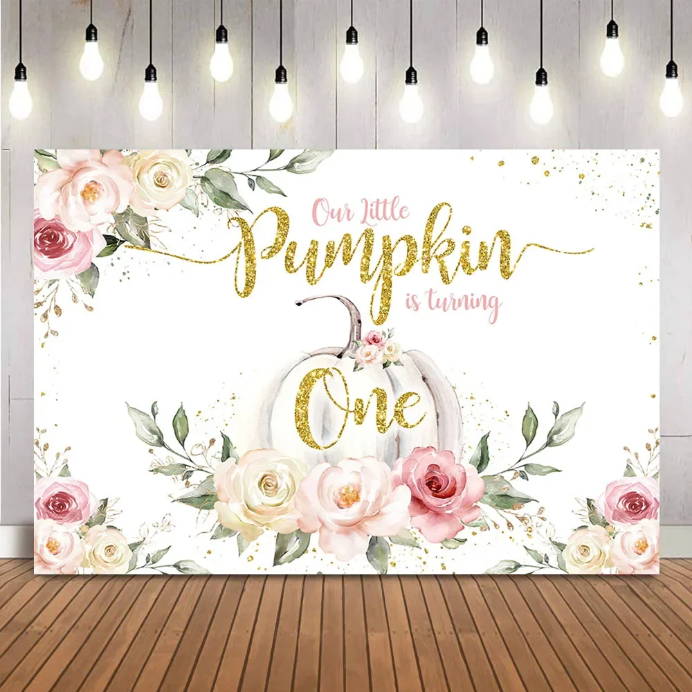 خلفية عيد الميلاد الأول على شكل يقطين صغير، خلفية صورة لعيد الميلاد الأول، زهور وردية، ذهبية لامعة، نقاط لامعة، ديكور للتصوير الفوتوغرافي