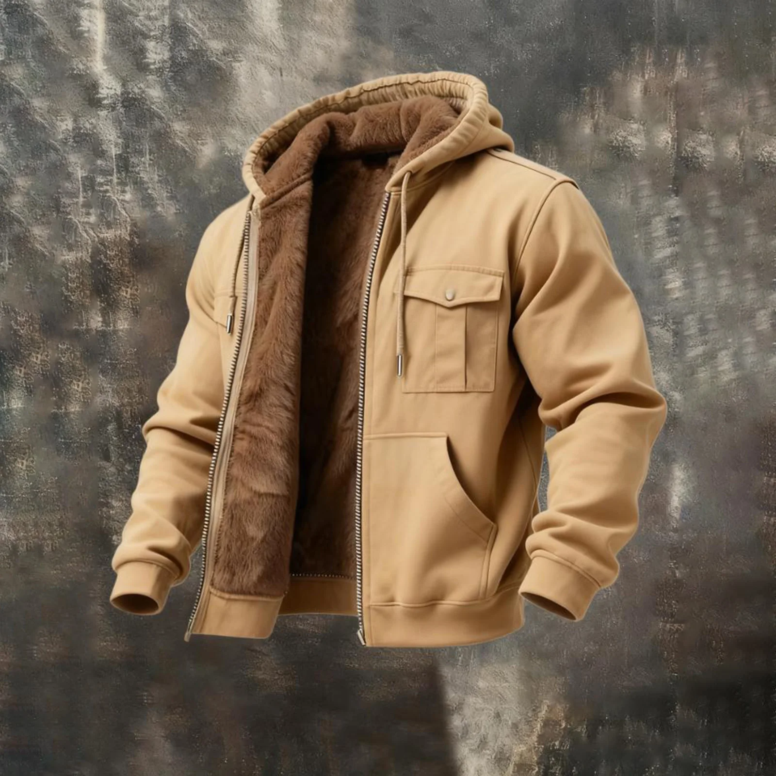 

Solid Color Zipper Pocket Hooded Jacket Large Pocket Solid Color Casual Jacket Outdoor Warm Motorcycle Jacket Men'S Coat