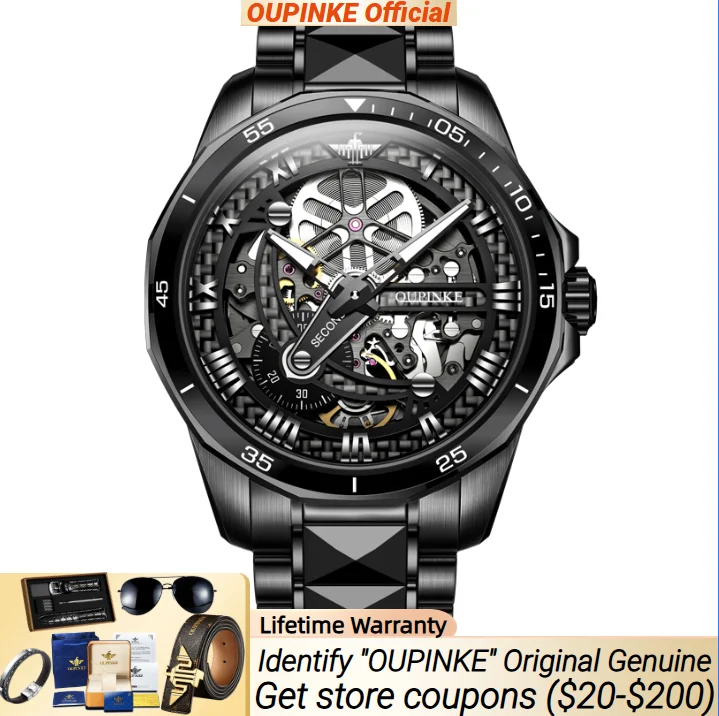 

OUPINKE 3178 Skeleton Hollow Watch Men Synthetic Sapphire Mirror Tungsten steel Strap Deep Waterproof Automatic Mechanical Watch