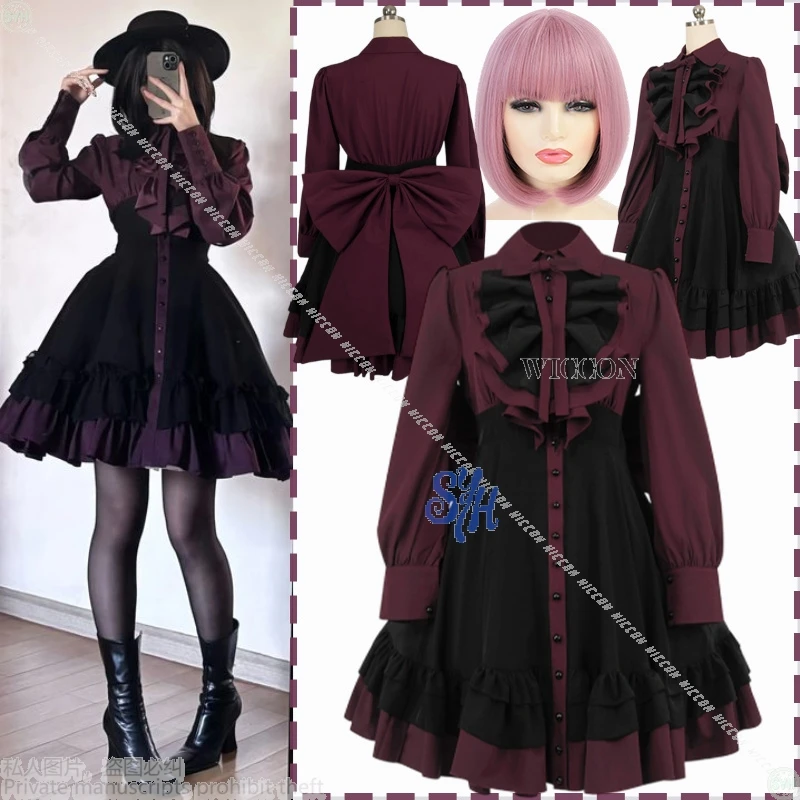 

Dark Red Black Gothic Bow Cake Dress Anime Japanese Jirai Kei Girls Cosplay Kawaii Sweet Lolita Maid Halloween Christmas Party