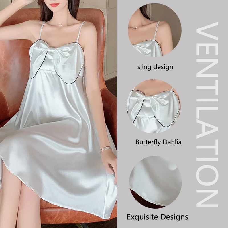 Ice Silk Nightgown Female Summer Sexy Sling Solid Colour Backless Nightgown Bow Princess Wind Sweet Loose Sling Dresses Women