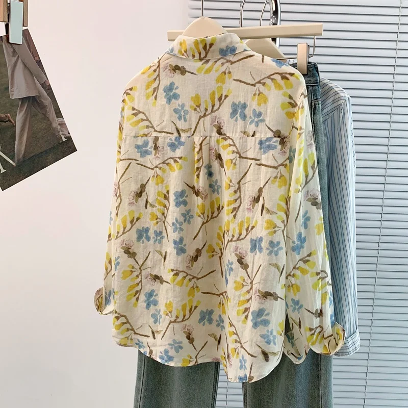 خريف ربيع جديد Sle خفيف الوزن طويل Sve مطبوعة irt ساحة طوق سترة فضفاضة للتنقل أوراق صفراء مجانية