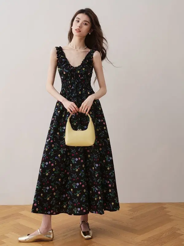 

Summer New Women's Dress Commuter High Waist Printed Strap Slimming A-line Skirt