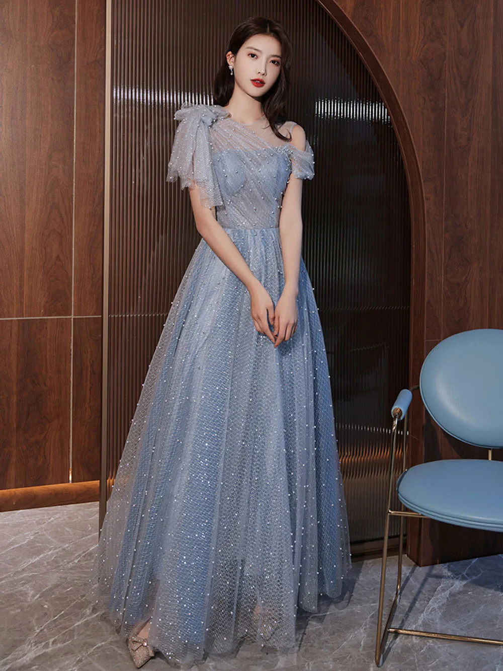 Light Luxury Solid Color Beading Evening Dress Birthday Party Dress Classical Tulle Lace Up Bow Collar Long A-line Vestido