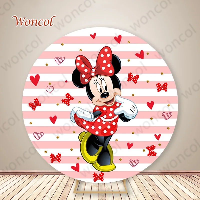 Minnie Mouse Circle Backdrop Girls Birthday Baby Shower Backdrop Bow Tie Love Heart Minnie Mouse Cylinder Cover Photography Prop