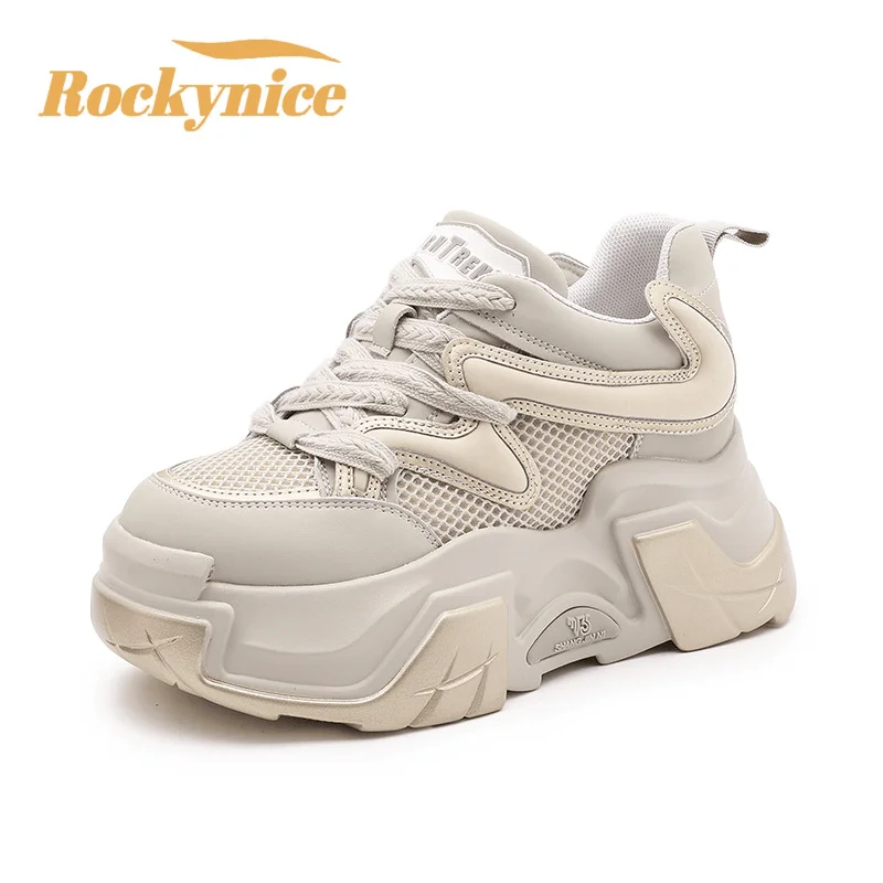 

Breathable Air Mesh Microfiber Sneakers Leather Flats Lace-up Women Spring 8CM High Platform Sports Dad Shoes New Chunky Sneaker