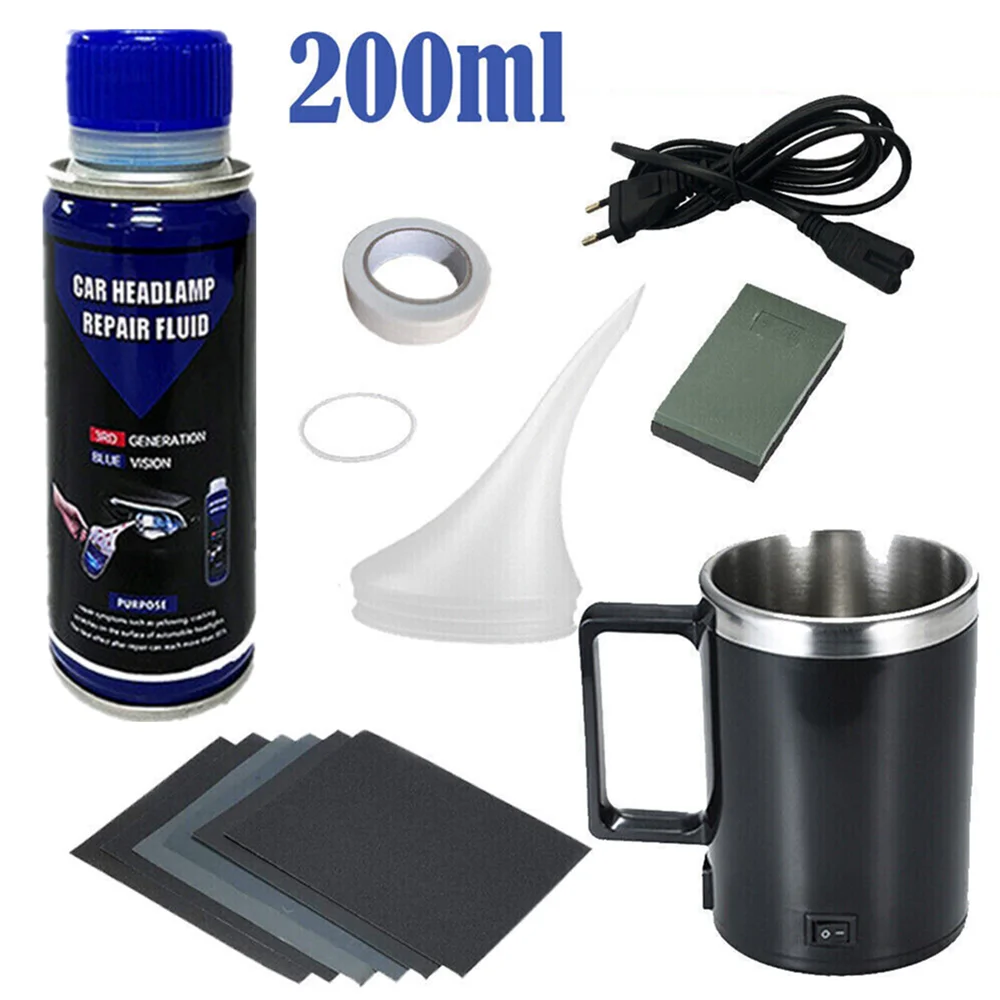 Car Headlight Evaporator Polymer Liquid Headlamp Polish Tool Kit Heating Cup 200ml Liquid Repair Oxidation Cleaning Set