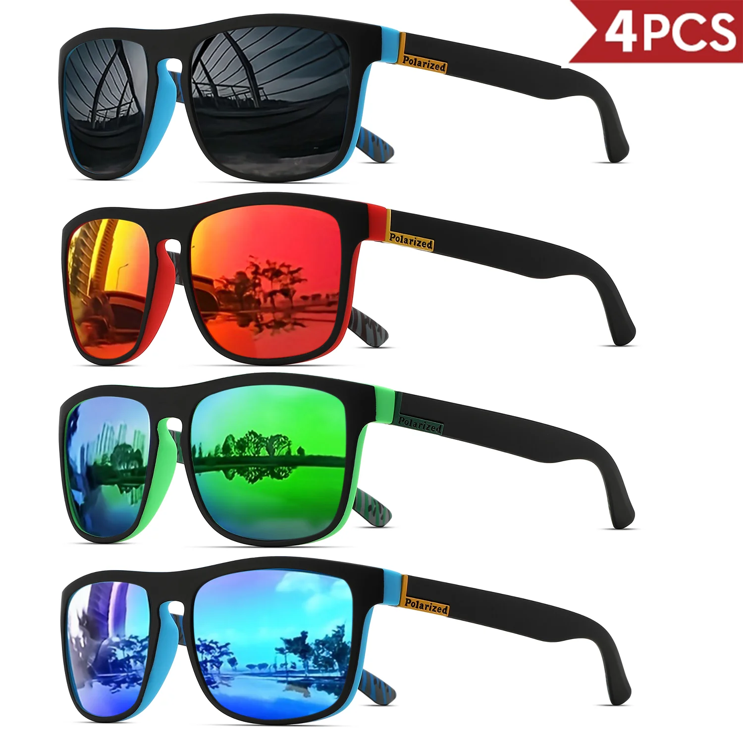 4PCClassic Vierkant Gepolariseerde Sportzonnebril Lichtgewicht PC-frame UV400 voor Rijden Vissen Fietsen Unisex Dagelijkse duurzaamheid