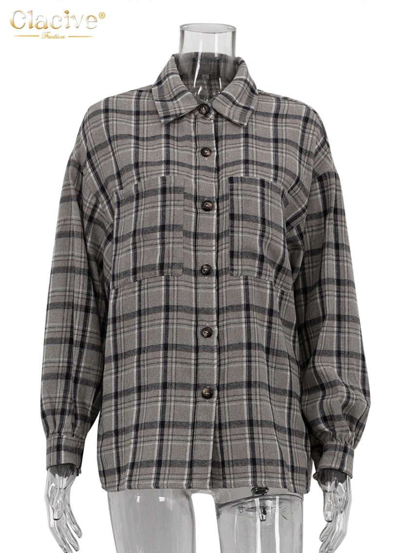 Clacive Fashion Loose Plaid Cotton Women Shirts 2025 Casual Lapel Long Sleeve Shirt Elegant Classic Pockets Top Female Clothing
