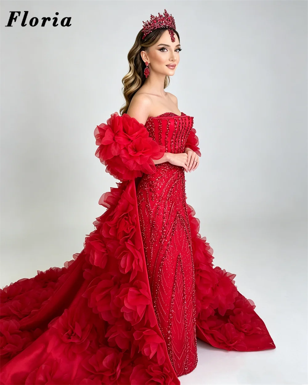 Beaded Red Strapless Evening Dresses Off Shoulder Crystals Pearls Prom Dress Customized Detachable Skirt Engagement Party Gowns