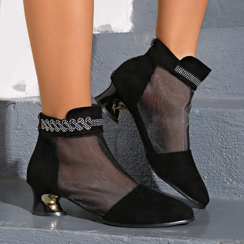 

Женские ботинки из сетки с вырезами, черные, с камнями, на щиколотку, женские туфли для вечеринок и свадеб, удобные повседневные ботинки