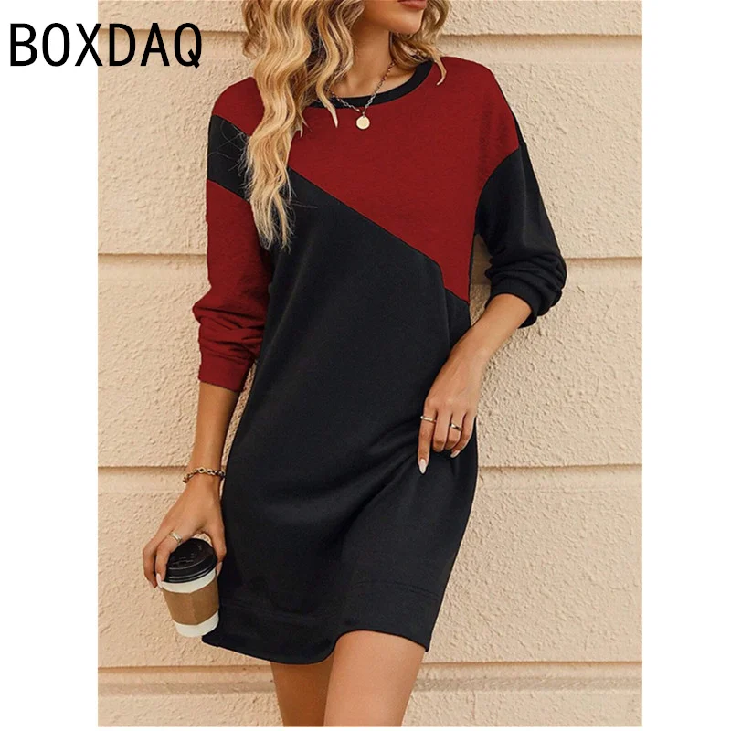 Ladies' Autumn Long Sleeve O-Neck Casual Dress 3D Geometric Color Block Splicing Printed Dress Fashion Street Personalized Dress