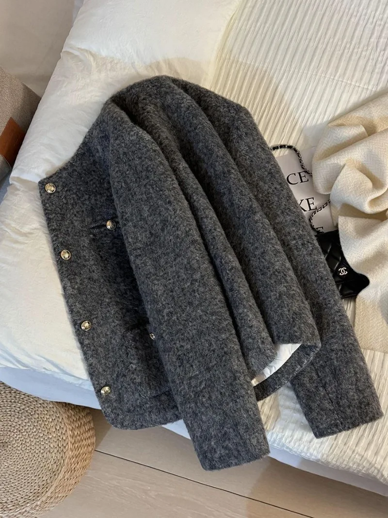 2026 Women New Stuffed Thickened Grey Temperament French Style Short Jacket, Fragrant Style Short Jacket, Winter Warm Inner Top