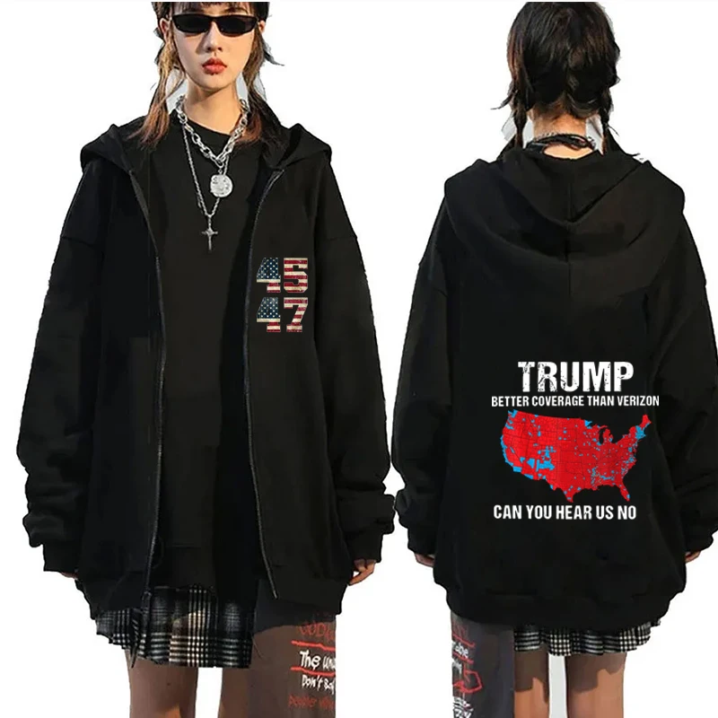 Trump- Coverage Is Better Than Verizon - Can You Hear Us? Full Zip Crew Neck Hooded Sweatshirt, Trump 2024, Streetwear, Unisex