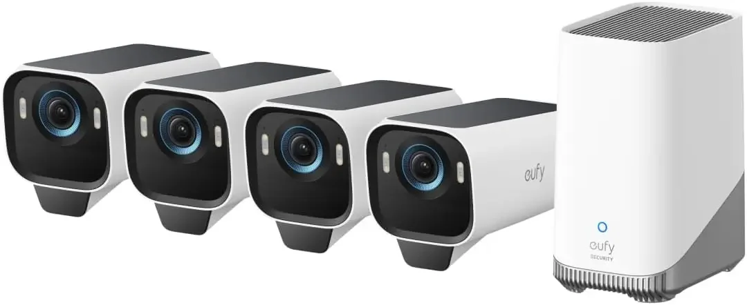 

Комплект eufyCam S3 Pro с 4 камерами, беспроводная солнечная камера для улицы, ночное видение MaxColor, камера безопасности 4K