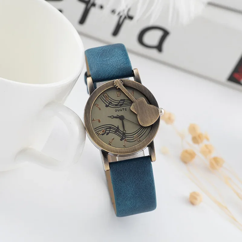 Vintage Punk Style Leather Strap Watch Women Fashion Casual Watches 3D Musical Note Sign Quartz Wristwatches Relojes Para Mujer