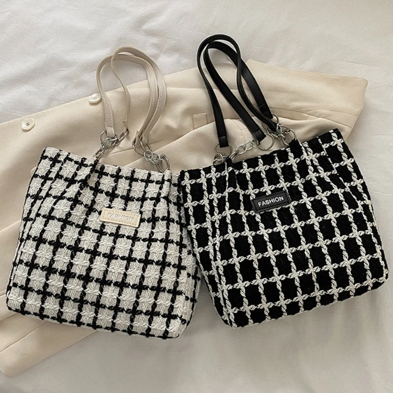 

Women Handbags Fashion Casual Large Capacity Shoulder Bags Contrasting Colors Plaid Tote Bags Nylon Chain Bags